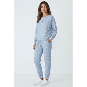 Splendid Womens Blue Star Print Henley Pajama Set Jogger Lounge Set Large
